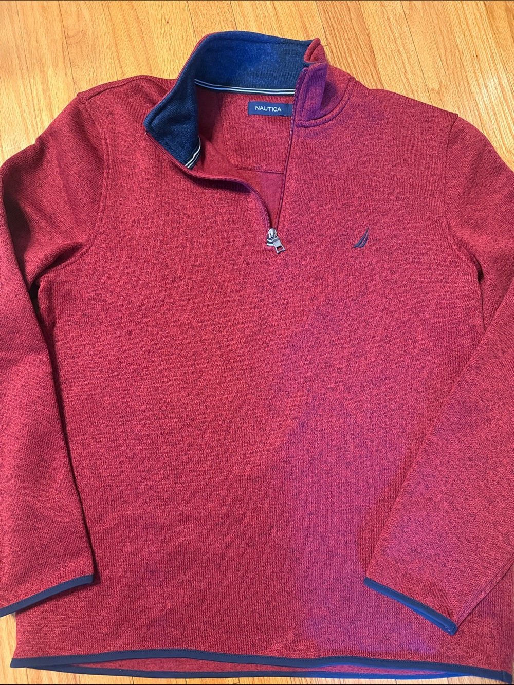 Nautica Men's Heathered Red Quarter-Zip Pullover with Navy Trim